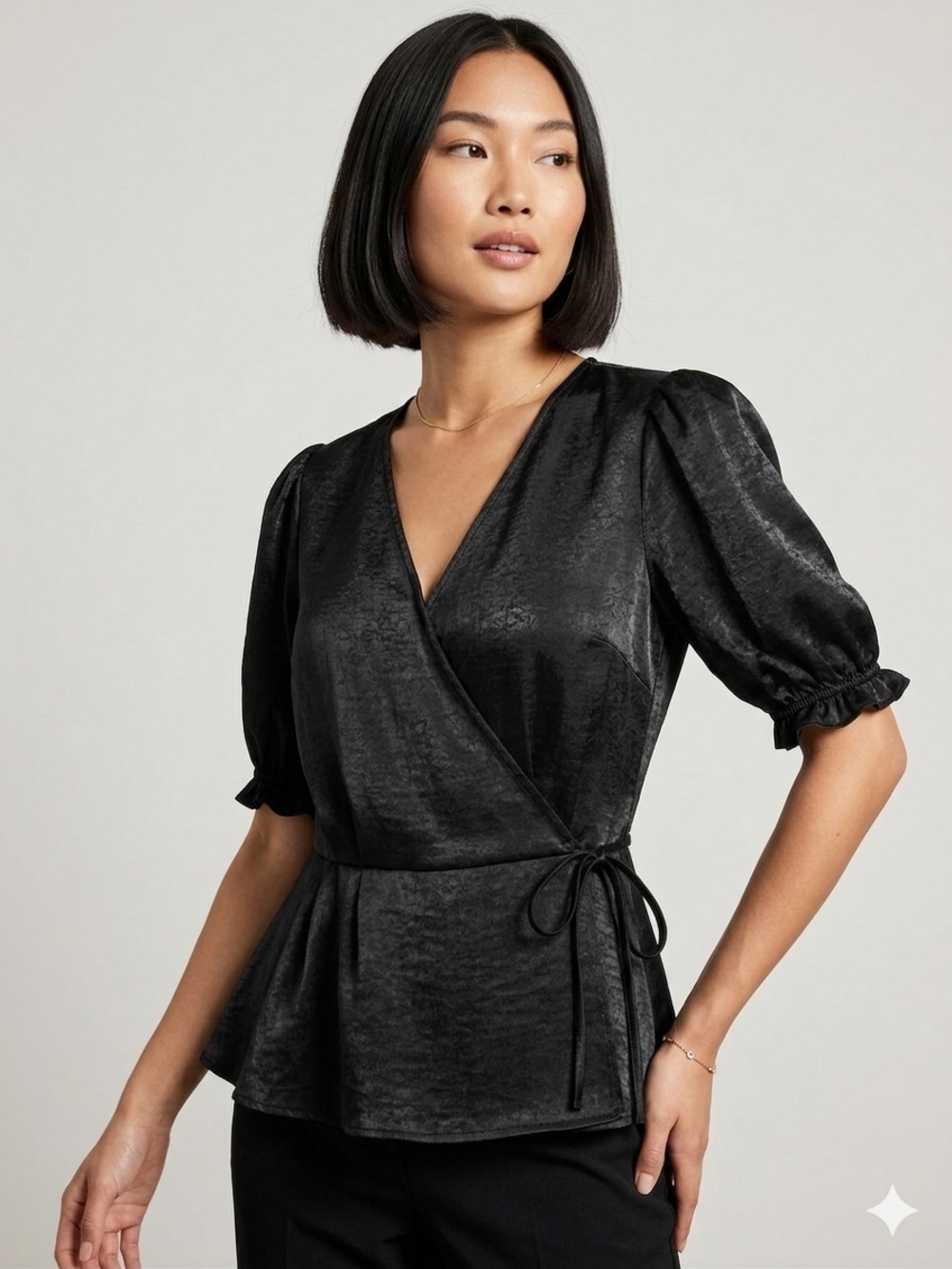 Black Wrap Peplum Silk Like Textured Blouse with Puff Sleeves Size Medium